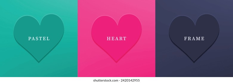 Set of abstract 3D heart, different color 3D heart shape frame design. Collection of geometric backdrop for cosmetic product display. Top view. Vector illustration