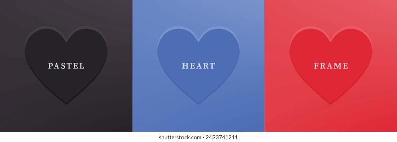 Set of abstract 3D heart, different color 3D heart shape frame design. Collection of geometric backdrop for cosmetic product display. Top view. Vector illustration
