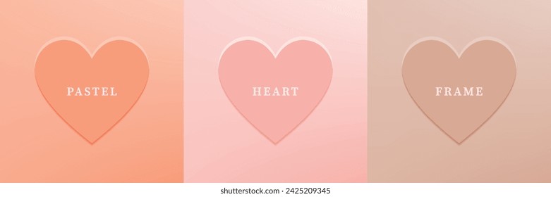 Set of abstract 3D heart, different color 3D heart shape frame design. Collection of geometric backdrop for cosmetic product display. Top view. Vector illustration