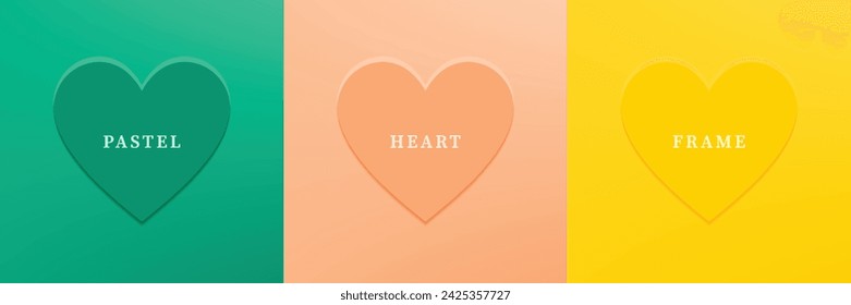 Set of abstract 3D heart, different color 3D heart shape frame design. Collection of geometric backdrop for cosmetic product display. Top view. Vector illustration