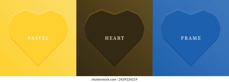 Set of abstract 3D heart, different color 3D heart shape frame design. Collection of geometric backdrop for cosmetic product display. Top view. Vector illustration