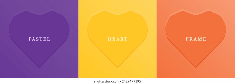 Set of abstract 3D heart, different color 3D heart shape frame design. Collection of geometric backdrop for cosmetic product display. Top view. Vector illustration