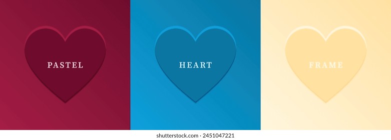 Set of abstract 3D heart, different color 3D heart shape frame design. Collection of geometric backdrop for cosmetic product display. Top view. Vector illustration