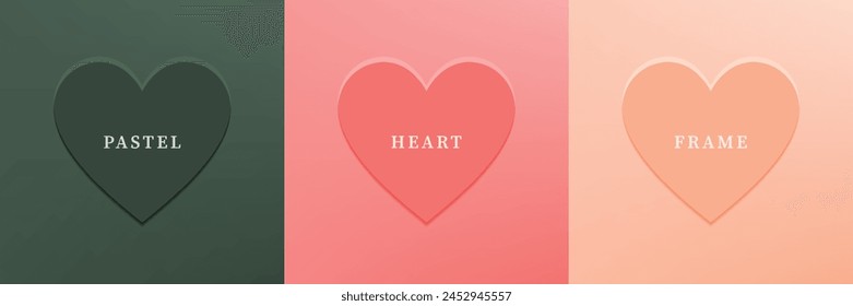 Set of abstract 3D heart, different color 3D heart shape frame design. Collection of geometric backdrop for cosmetic product display. Top view. Vector illustration