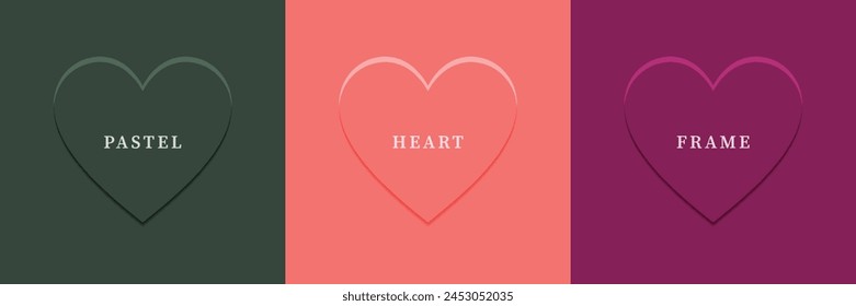 Set of abstract 3D heart, different color 3D heart shape frame design. Collection of geometric backdrop for cosmetic product display. Top view. Vector illustration