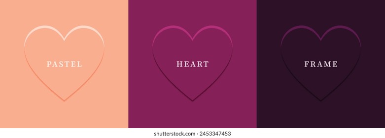 Set of abstract 3D heart, different color 3D heart shape frame design. Collection of geometric backdrop for cosmetic product display. Top view. Vector illustration