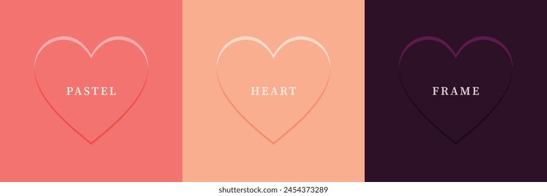 Set of abstract 3D heart, different color 3D heart shape frame design. Collection of geometric backdrop for cosmetic product display. Top view. Vector illustration