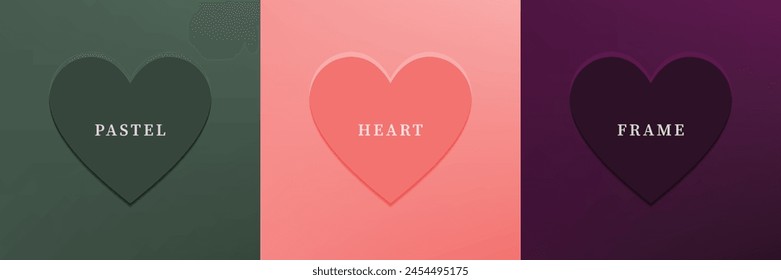 Set of abstract 3D heart, different color 3D heart shape frame design. Collection of geometric backdrop for cosmetic product display. Top view. Vector illustration