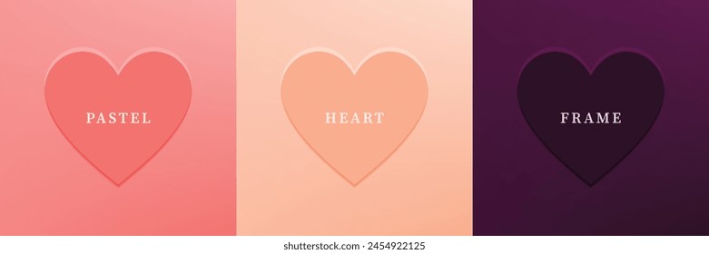 Set of abstract 3D heart, different color 3D heart shape frame design. Collection of geometric backdrop for cosmetic product display. Top view. Vector illustration