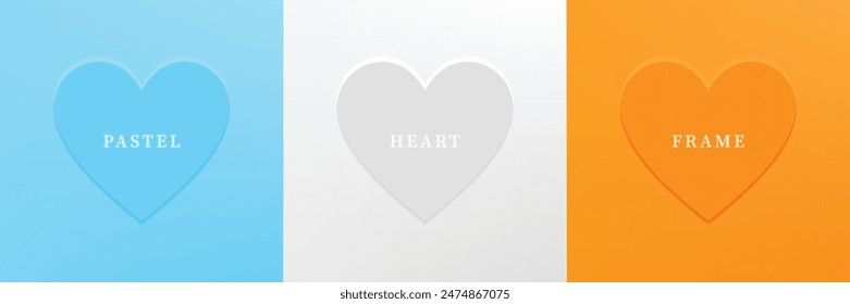 Set of abstract 3D heart, different color 3D heart shape frame design. Collection of geometric backdrop for cosmetic product display. Top view. Vector illustration