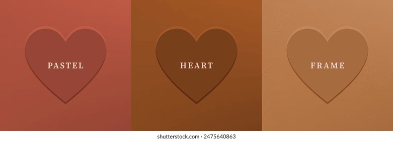 Set of abstract 3D heart, different color 3D heart shape frame design. Collection of geometric backdrop for cosmetic product display. Top view. Vector illustration
