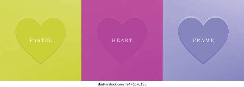 Set of abstract 3D heart, different color 3D heart shape frame design. Collection of geometric backdrop for cosmetic product display. Top view. Vector illustration