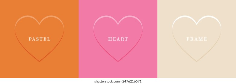 Set of abstract 3D heart, different color 3D heart shape frame design. Collection of geometric backdrop for cosmetic product display. Top view. Vector illustration
