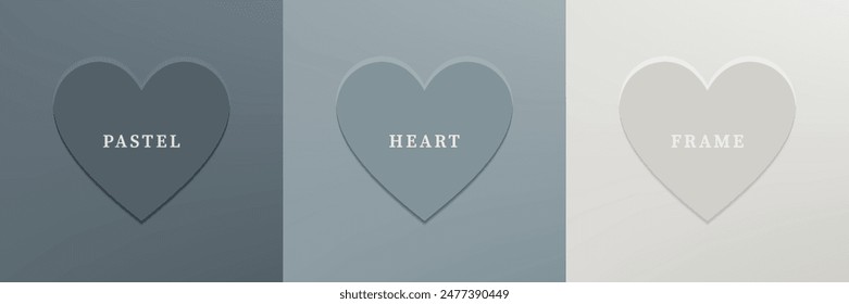 Set of abstract 3D heart, different color 3D heart shape frame design. Collection of geometric backdrop for cosmetic product display. Top view. Vector illustration