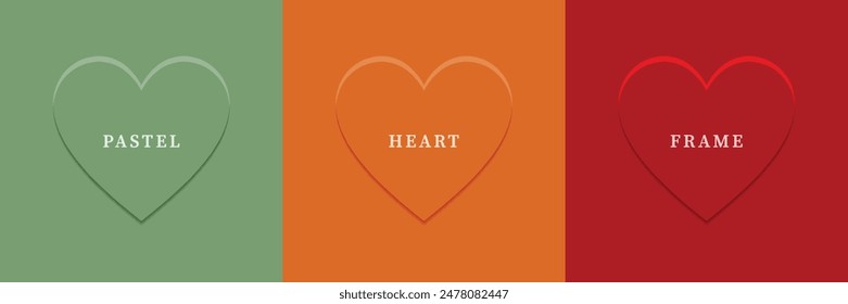 Set of abstract 3D heart, different color 3D heart shape frame design. Collection of geometric backdrop for cosmetic product display. Top view. Vector illustration