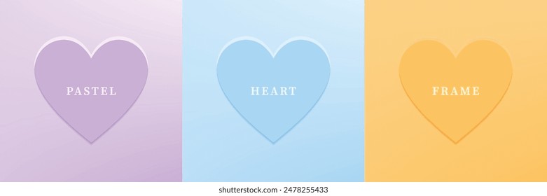 Set of abstract 3D heart, different color 3D heart shape frame design. Collection of geometric backdrop for cosmetic product display. Top view. Vector illustration