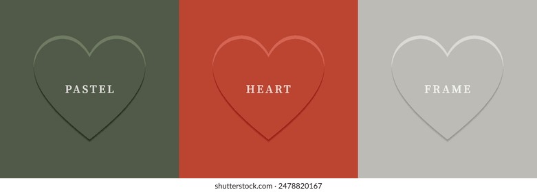 Set of abstract 3D heart, different color 3D heart shape frame design. Collection of geometric backdrop for cosmetic product display. Top view. Vector illustration