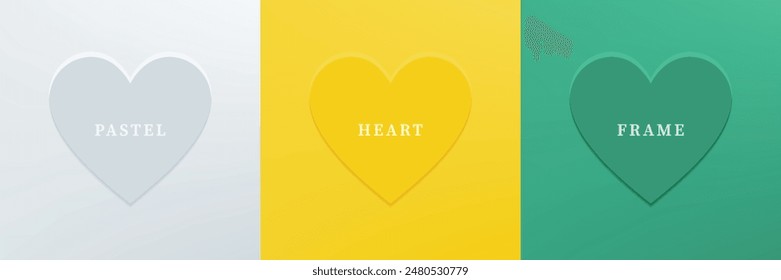 Conjunto de corazón abstracto 3D, diseño de marco de forma de corazón 3D de diferente color. Colección de telón de fondo geométrico para la exhibición del producto cosmético. Vista superior. Ilustración vectorial