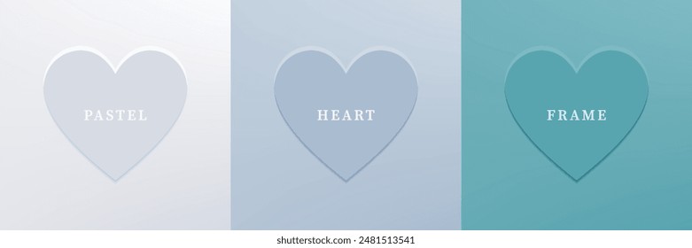 Set of abstract 3D heart, different color 3D heart shape frame design. Collection of geometric backdrop for cosmetic product display. Top view. Vector illustration