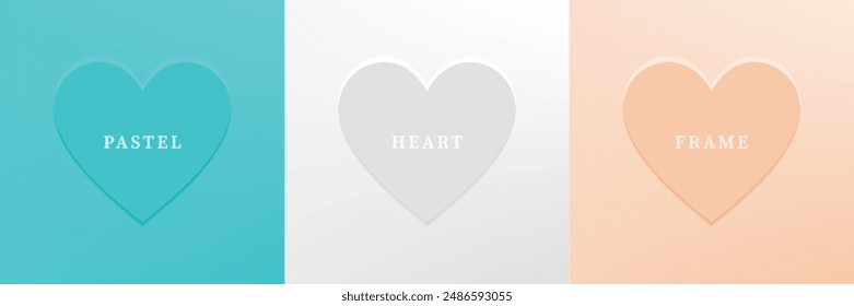 Set of abstract 3D heart, different color 3D heart shape frame design. Collection of geometric backdrop for cosmetic product display. Top view. Vector illustration