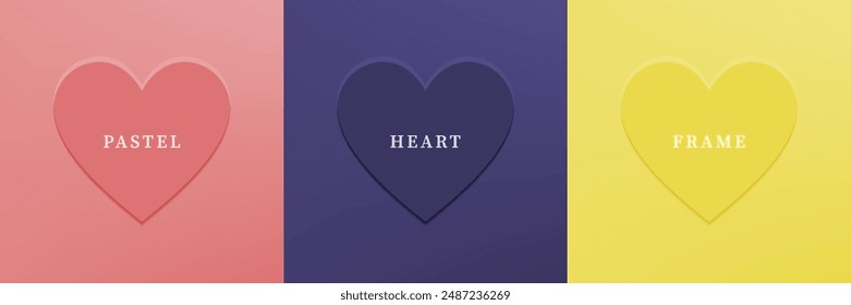 Set of abstract 3D heart, different color 3D heart shape frame design. Collection of geometric backdrop for cosmetic product display. Top view. Vector illustration