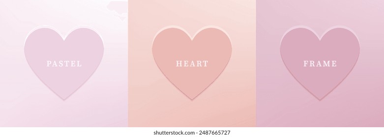 Set of abstract 3D heart, different color 3D heart shape frame design. Collection of geometric backdrop for cosmetic product display. Top view. Vector illustration