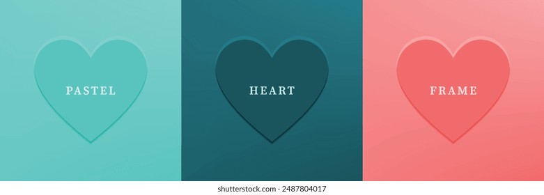 Set of abstract 3D heart, different color 3D heart shape frame design. Collection of geometric backdrop for cosmetic product display. Top view. Vector illustration