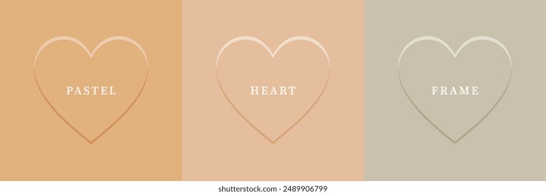 Set of abstract 3D heart, different color 3D heart shape frame design. Collection of geometric backdrop for cosmetic product display. Top view. Vector illustration