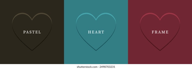 Set of abstract 3D heart, different color 3D heart shape frame design. Collection of geometric backdrop for cosmetic product display. Top view. Vector illustration