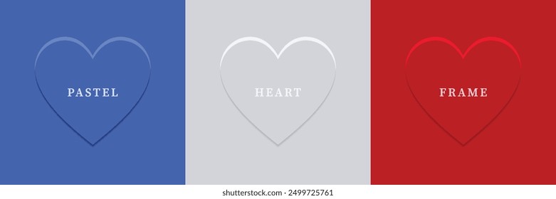 Set of abstract 3D heart, different color 3D heart shape frame design. Collection of geometric backdrop for cosmetic product display. Top view. Vector illustration