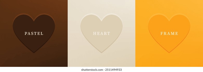 Set of abstract 3D heart, different color 3D heart shape frame design. Collection of geometric backdrop for cosmetic product display. Top view. Vector illustration