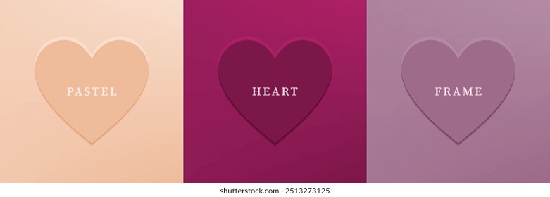 Set of abstract 3D heart, different color 3D heart shape frame design. Collection of geometric backdrop for cosmetic product display. Top view. Vector illustration