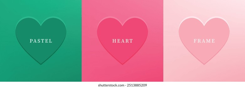 Conjunto de corazón abstracto 3D, diseño de marco de forma de corazón 3D de diferente color. Colección de fondo geométrico para la exhibición cosmética del producto. Vista superior. Ilustración vectorial