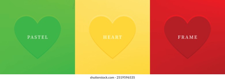 Conjunto de corazón abstracto 3D, diseño de marco de forma de corazón 3D de diferente color. Colección de fondo geométrico para la exhibición cosmética del producto. Vista superior. Ilustración vectorial