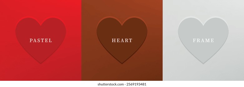 Set of abstract 3D heart, different color 3D heart shape frame design. Collection of geometric backdrop for cosmetic product display. Top view. Vector illustration