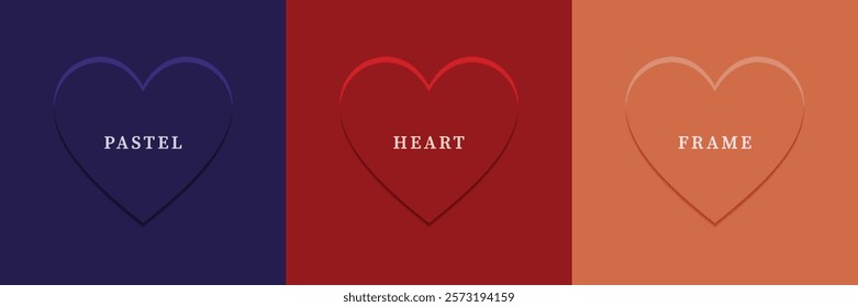 Set of abstract 3D heart, different color 3D heart shape frame design. Collection of geometric backdrop for cosmetic product display. Top view. Vector illustration