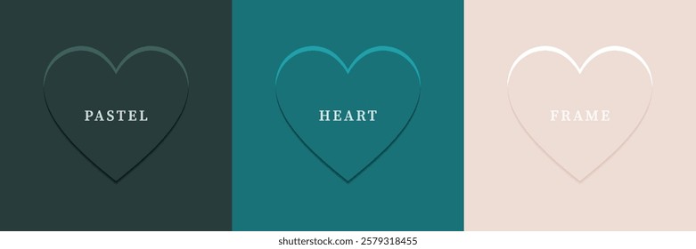 Set of abstract 3D heart, different color 3D heart shape frame design. Collection of geometric backdrop for cosmetic product display. Top view. Vector illustration