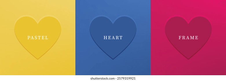 Set of abstract 3D heart, different color 3D heart shape frame design. Collection of geometric backdrop for cosmetic product display. Top view. Vector illustration