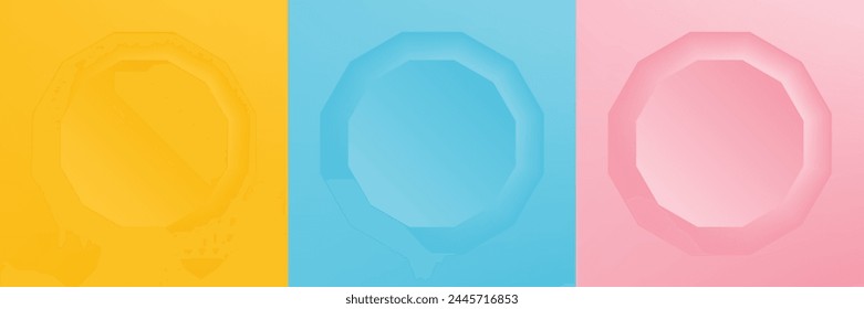 Set of abstract 3d hexagon frame design for cosmetic product. Collection of minimal geometric background with copy space. Top view scene. Vector EPS10