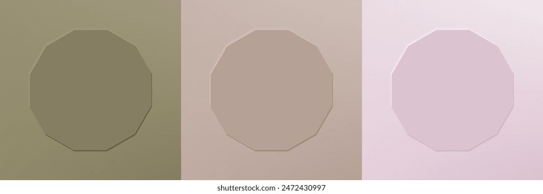 Set of abstract 3d hexagon frame design for cosmetic product. Collection of minimal geometric background with copy space. Top view scene. Vector EPS10
