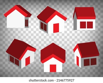 Set of abstract 3d  houses icons. 3d house model with red roof and windows. House 3d icon illustration with different views and angles.  Abstract concept of graphic elements for your design.