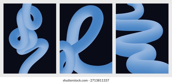 Set of abstract 3d light blue fluid pipe shapes on dark background for modern wallpaper design