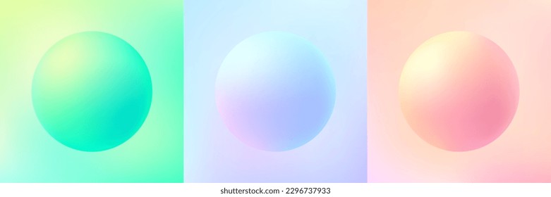 Set of abstract 3D liquid fluid circles in blue hologram color, pink and green background. Creative minimal bubble trendy gradient template for cover brochure, flyer, poster, banner web. Vector EPS10.