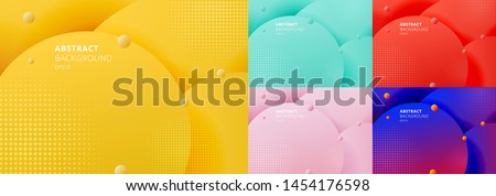 Set of abstract 3D liquid fluid circles yellow mustard, green mint, red, blue color beautiful background with halftone texture. Vector illustration