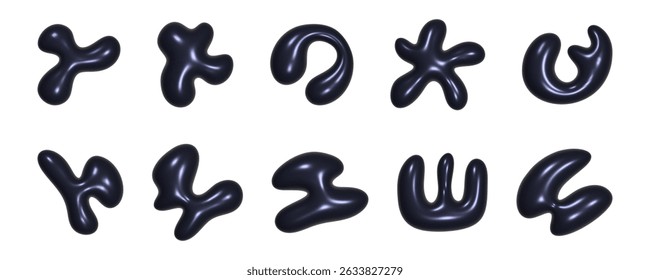 A set of abstract 3d liquid shapes features a variety of smooth forms that exhibit a reflective texture. These designs invite creative applications in digital art, design, and animations.