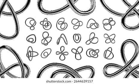 Set of abstract 3D loop shapes with chrome effect in pixel bitmap halftone style. Glossy metallic elements in Y2K aesthetic with monochrome high-contrast design
