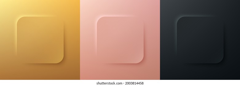 Set of abstract 3D luxury gold, rose gold, black round corner square frame design. Collection of geometric backdrop for cosmetic product. Elements for design. Top view. EPS10 vector