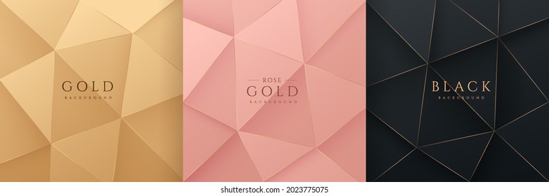 Set of abstract 3D luxury gradient golden, Pink gold and Black low polygonal modern design. Geometric triangle pattern collection. Can use for cover, poster, banner web, flyer, Print ad. Vector EPS10