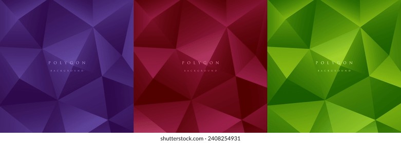 Conjunto de diseño abstracto 3D de lujo en color marrón rojo, esmeralda púrpura y verde poligonal moderno. Patrón triangular geométrico. Puedes usar para portada, afiche, banner web, volante, página de aterrizaje, anuncio impreso.
