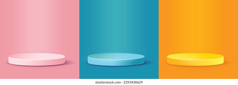 Set of abstract 3D orange, pink, blue and pink cylinder pedestal podium with circle backdrop. Pastel minimal wall scene collection. Modern vector rendering platform for product display presentation.